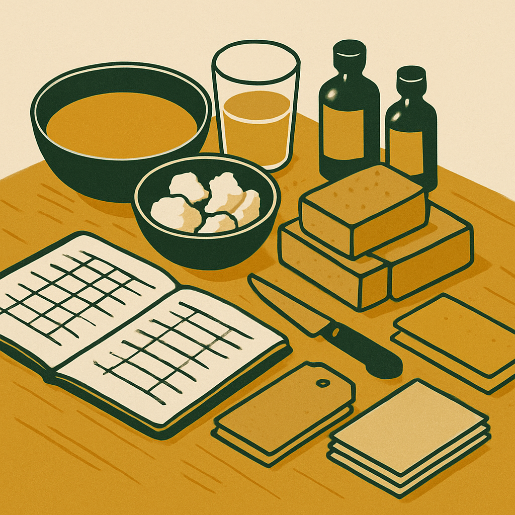 A flat-lay overhead shot of a handmade soap-making workspace: bowls of olive oil, coconut oil, a small glass of lye, fragrance oil bottles, kraft paper labels, and glassine wrap arranged neatly on a wooden workbench beside a handwritten cost spreadsheet