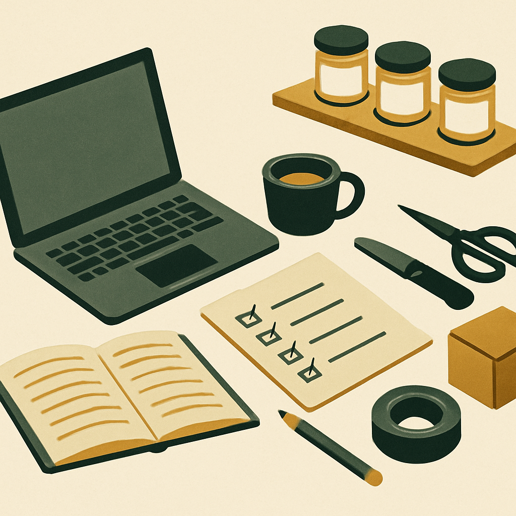 A close-up of a laptop screen showing a simple inventory dashboard with raw material stock levels and a low-stock alert highlighted in amber. A handmade soap bar and small jar of ingredients sit beside the laptop. Soft, natural light.