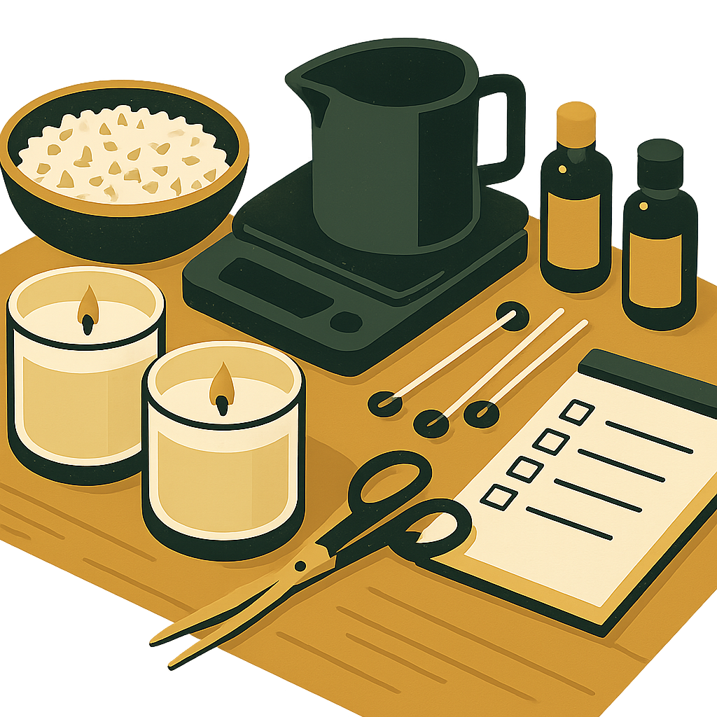 A flat lay of handmade candle-making supplies — wax, wicks, fragrance oils, a measuring scale — arranged on a wooden workbench with a simple inventory checklist notepad beside them. Natural light, clean and uncluttered.