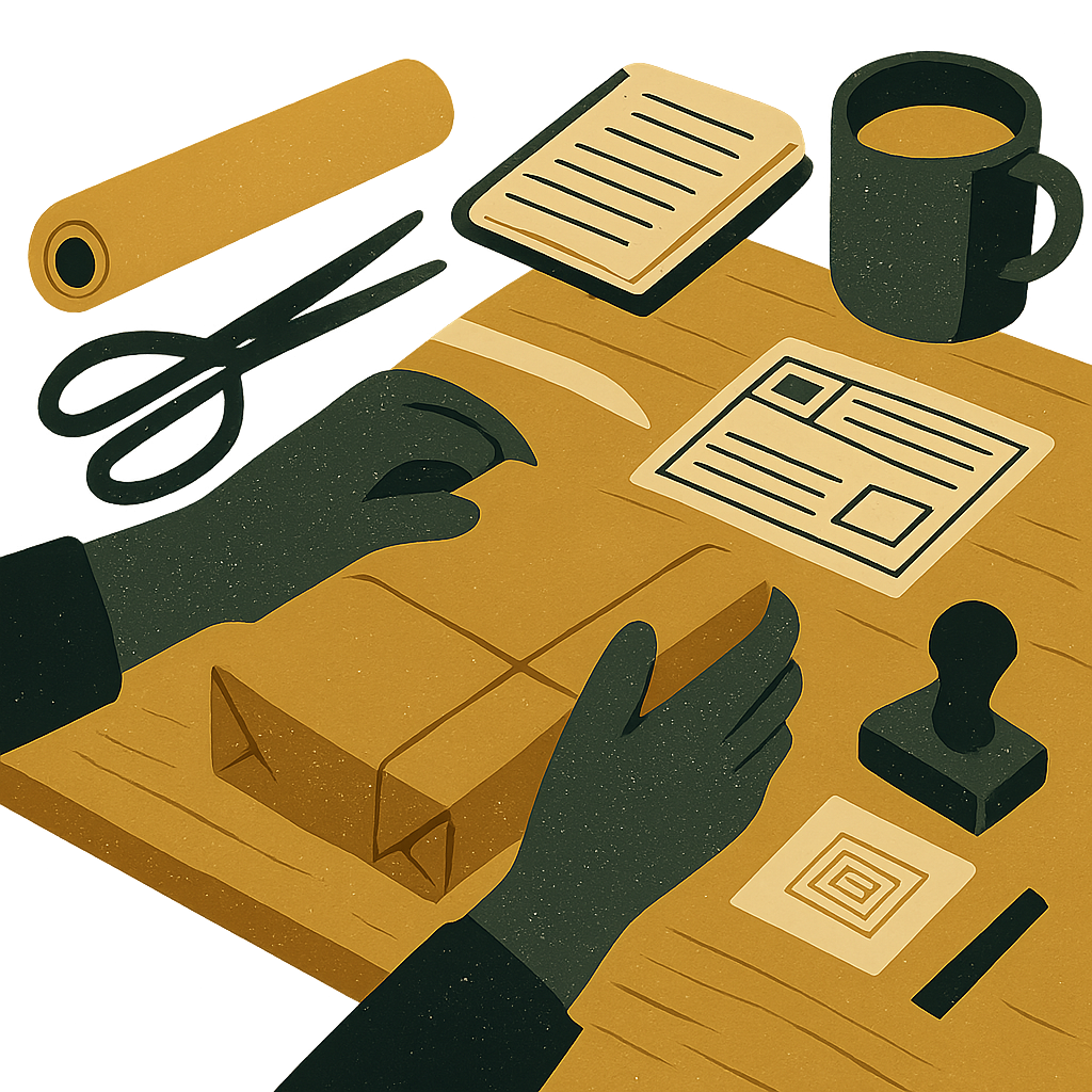 A flat lay of craft supplies including measuring tools, a small notebook with handwritten calculations, a timer, and finished handmade products. Clean background, organized and intentional composition.
