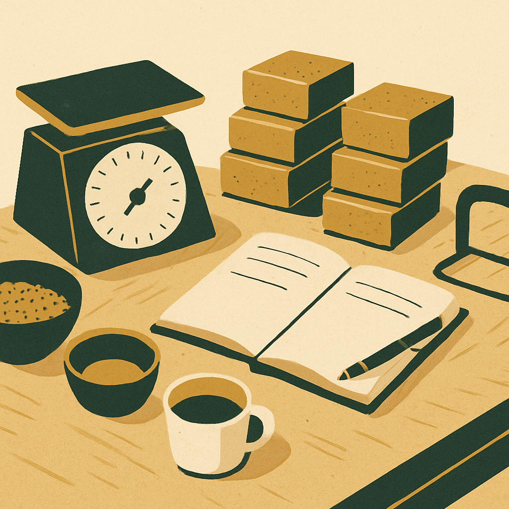 A handmade soap maker at a wooden workbench writing numbers in a notebook, with bars of soap, a kitchen scale, and small ingredient containers arranged nearby. Natural light, calm and focused mood, no text overlays.