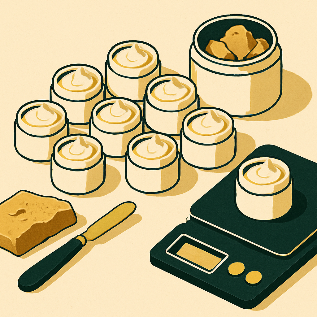 recipe-based costing worksheet showing batch cost and per-unit cost calculation for handmade products