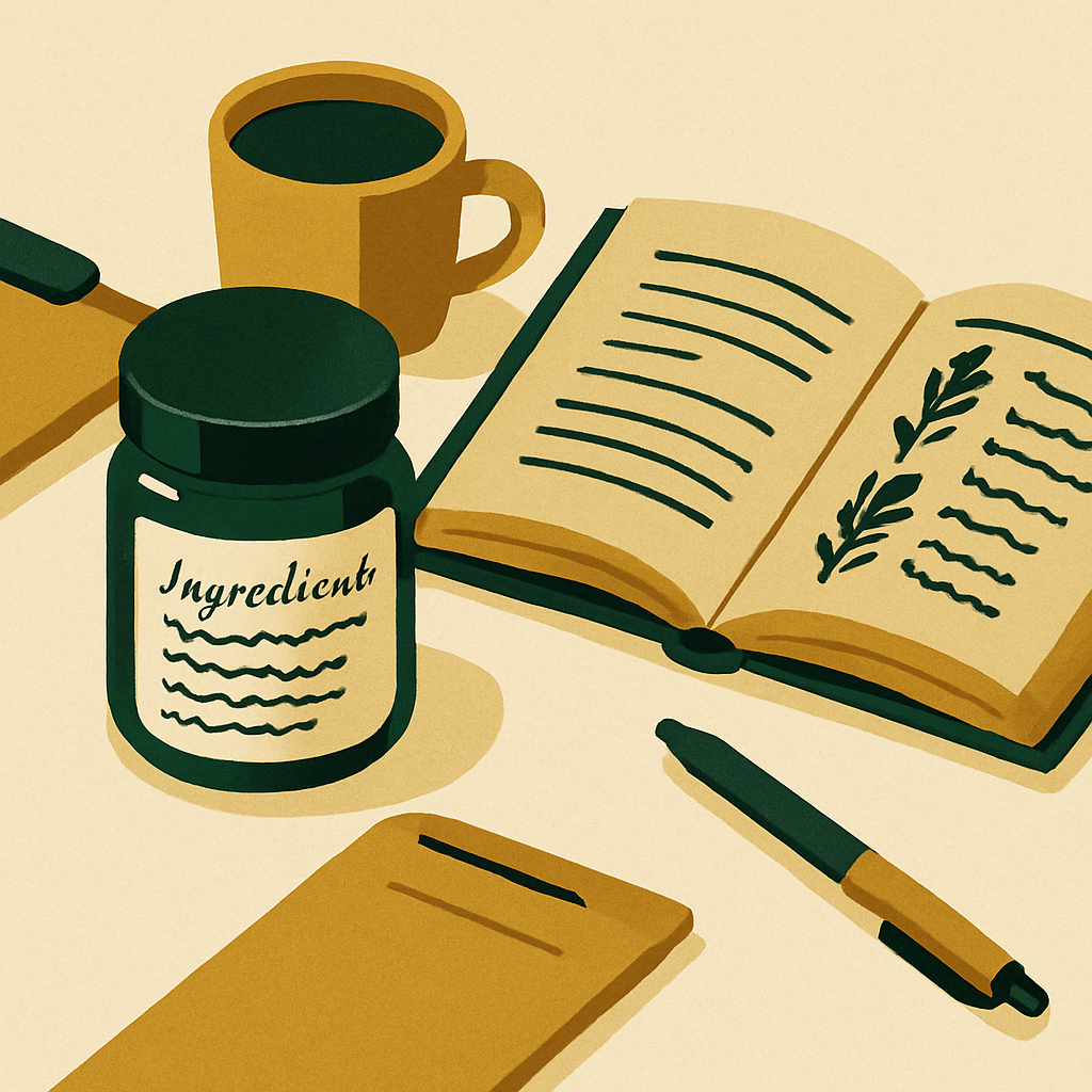 Flat-lay illustration of handmade cosmetics products including bars of soap, small amber bottles, a notebook, and a pen arranged on a wooden surface representing small business compliance documentation