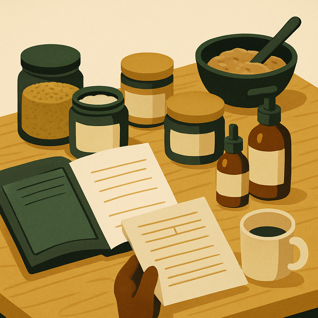 Close-up of a handmade skincare maker's workbench showing open notebooks with formulation notes, ingredient bottles, and a printed safety data sheet used for product documentation