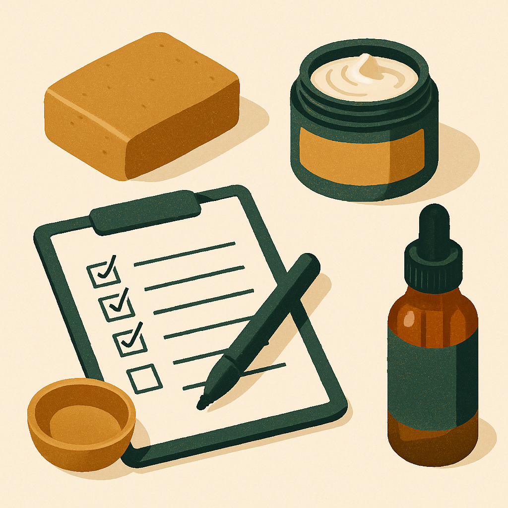 Organized home studio workspace with skincare ingredients in labeled containers, a laptop open to a spreadsheet, and natural light from a window