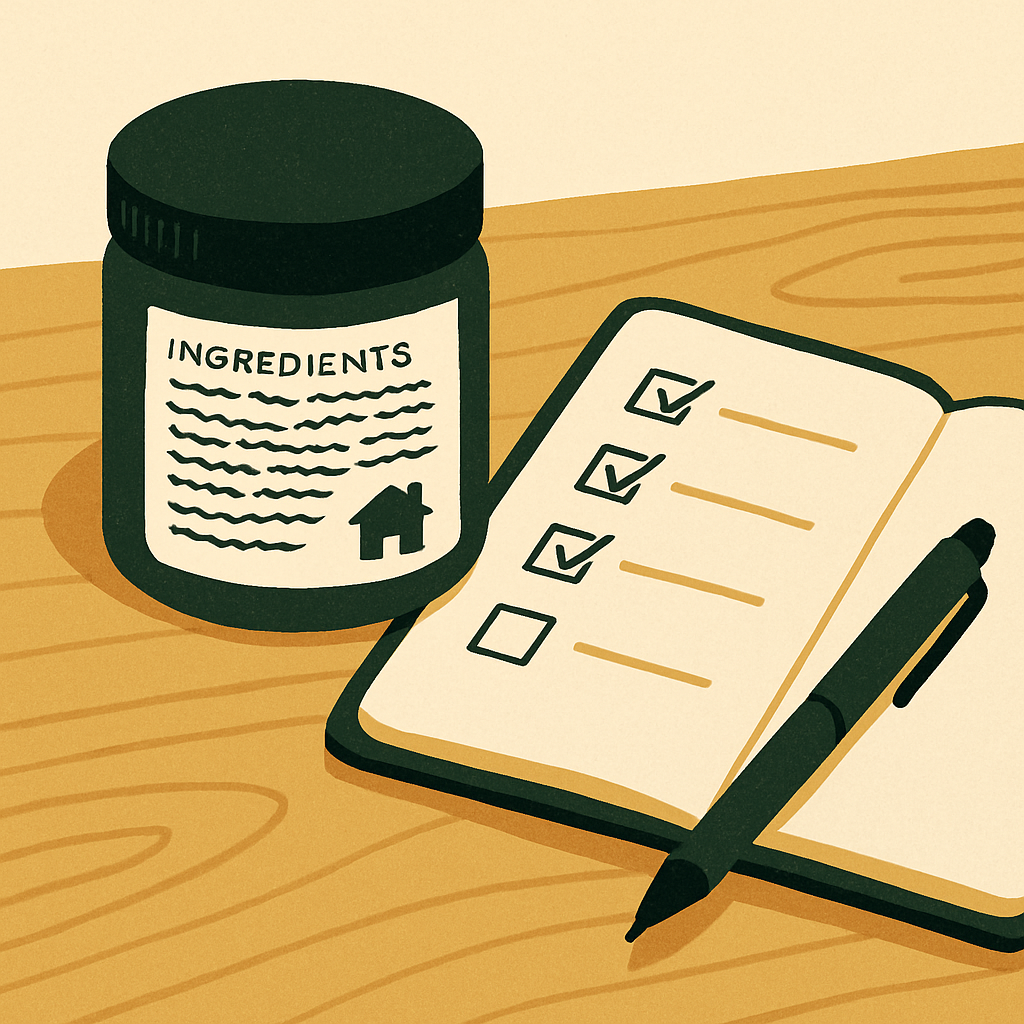 Close-up of a cosmetic product label showing ingredient list and responsible person address, placed next to a small notebook and pen on a wood surface