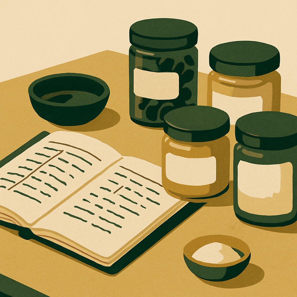 Close-up of a handwritten batch record notebook next to small labeled jars of raw cosmetic ingredients on a workbench, natural light
