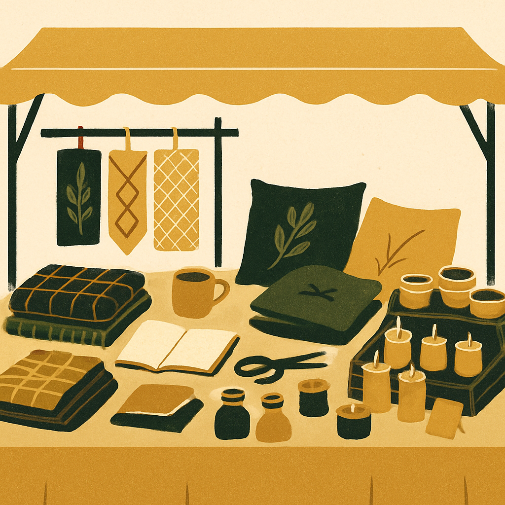 A craft fair vendor booth with handmade products on display — textile items, small ceramics, candles — seen from the front, bright outdoor light