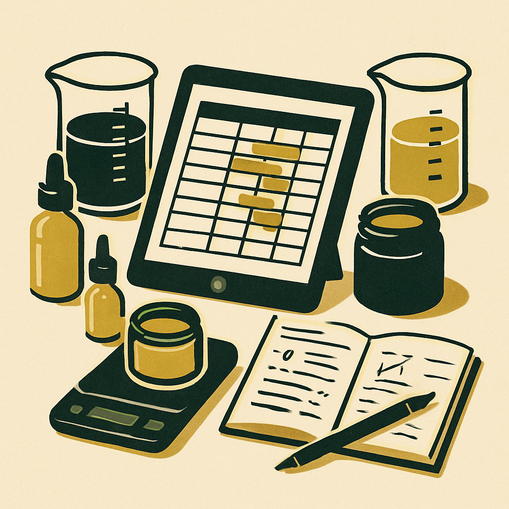 A close-up of a laptop screen displaying a percentage-based formula table with ingredient names, phases, and batch weight columns. Soft focus background of soap or lotion making supplies.