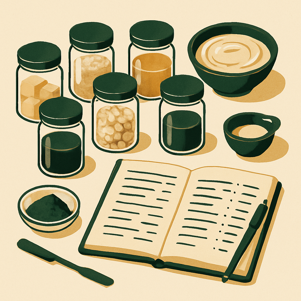 An overhead shot of raw cosmetics ingredients in small labeled glass jars arranged neatly on a white surface, alongside a notebook with handwritten INCI names and usage rates.