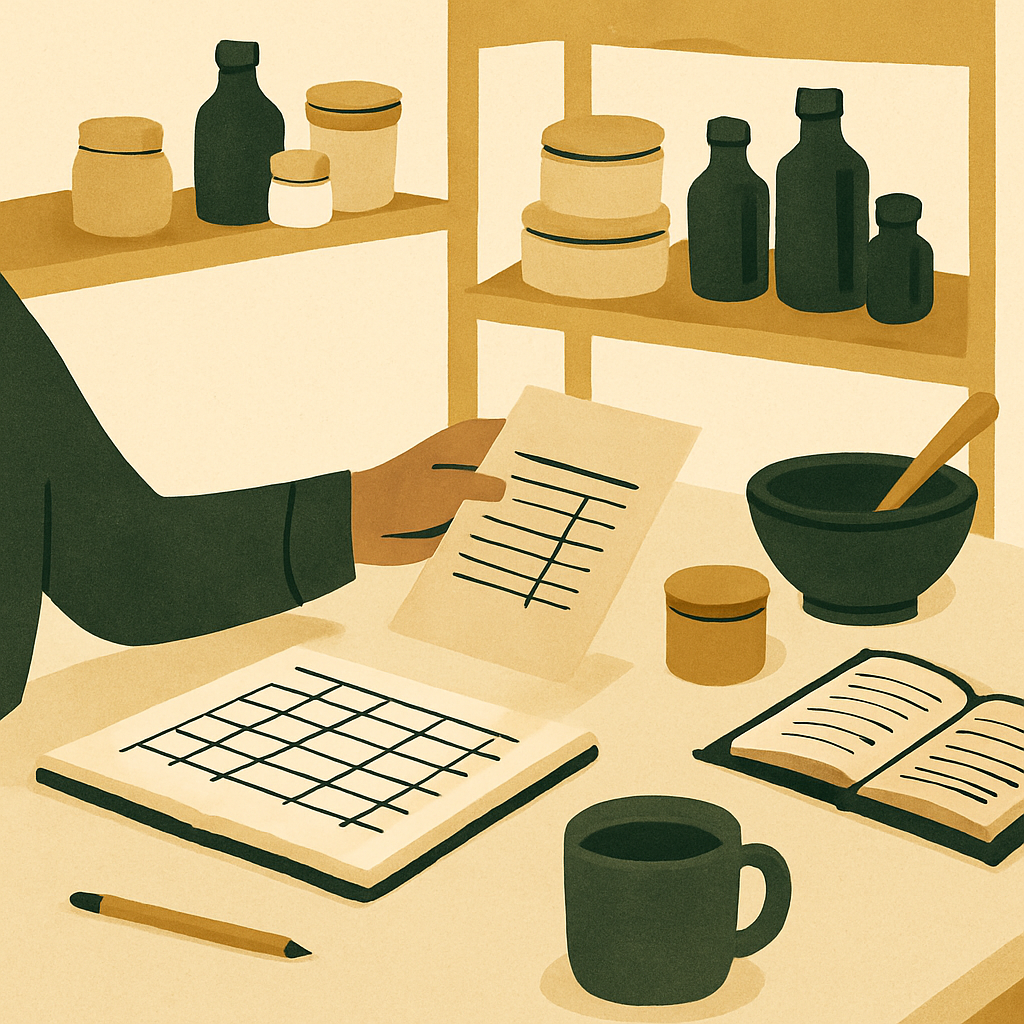 Small-batch maker at a desk reviewing printed sales records, focused and calm, home studio setting