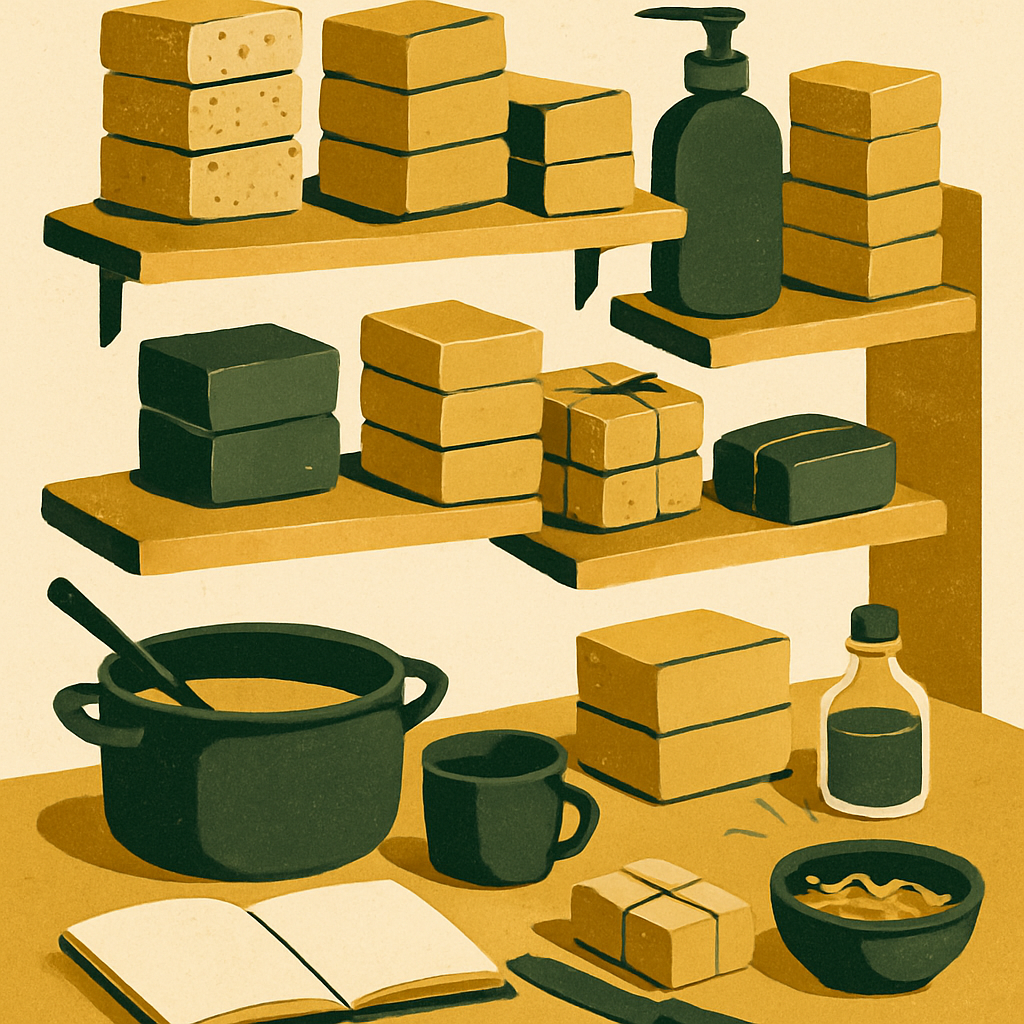 A handmade soap maker's workspace with products organized on shelves, warm lighting, realistic and unposed