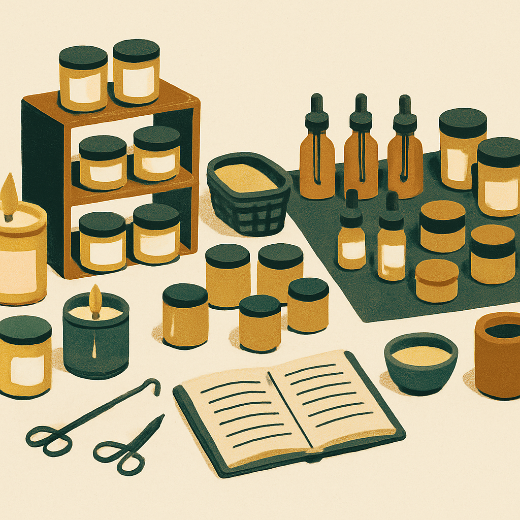A top-down view of a craft fair vendor booth with handmade candles and skincare products displayed neatly, natural daylight