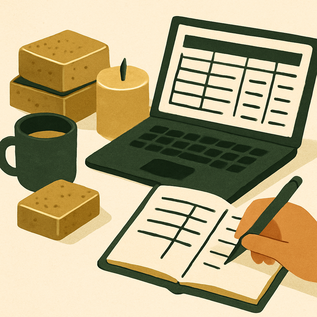 Close-up of a handmade soap or candle maker's hands writing in a notebook next to a laptop screen showing inventory data, warm natural tones