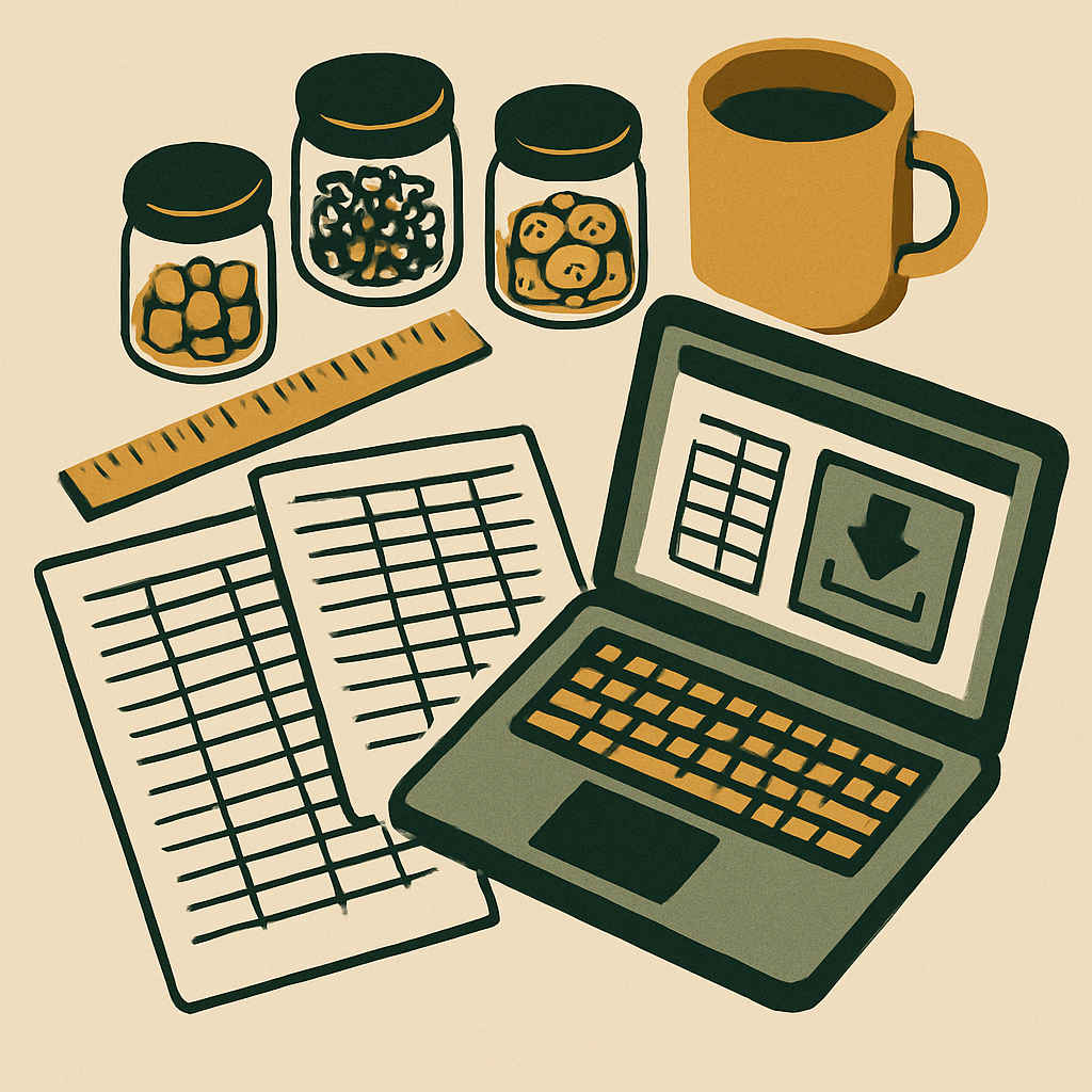 Overhead shot of a small-batch maker's desk with printed inventory lists, a ruler, raw materials in small jars, and a laptop open to a software import screen
