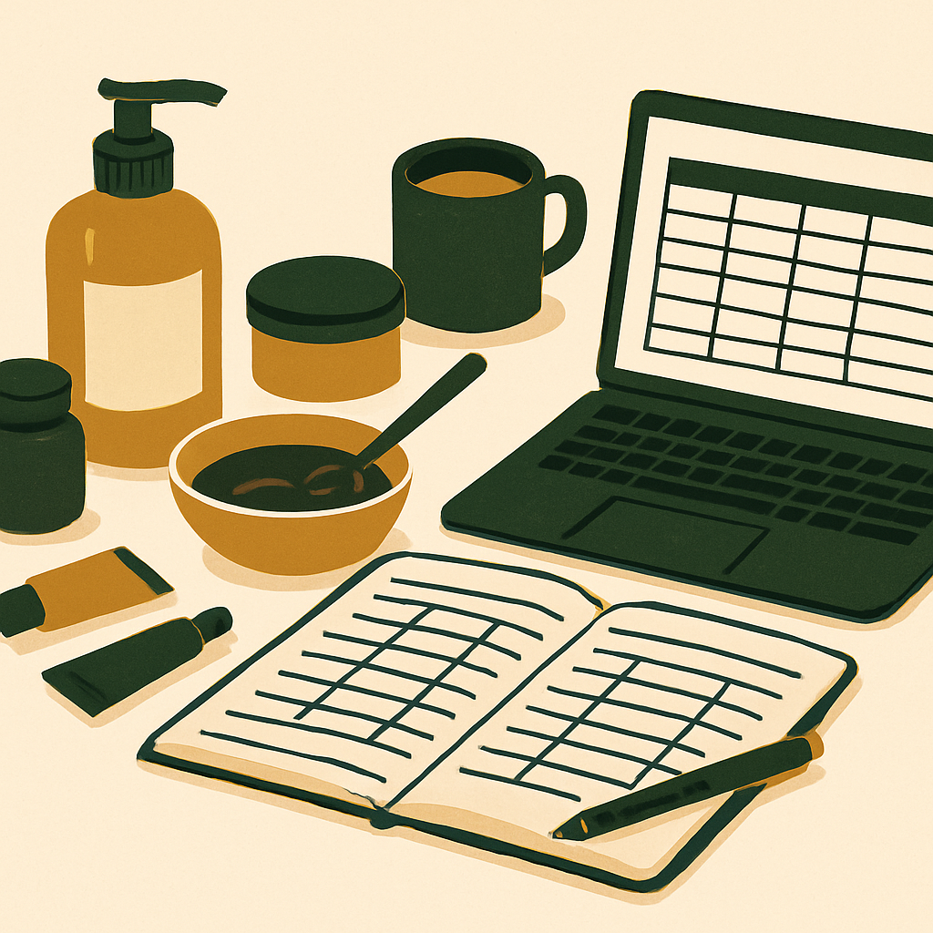 Close-up of a handwritten production log next to a laptop showing a spreadsheet with columns for lot number, date, ingredients, and quantities, on a clean desk surface