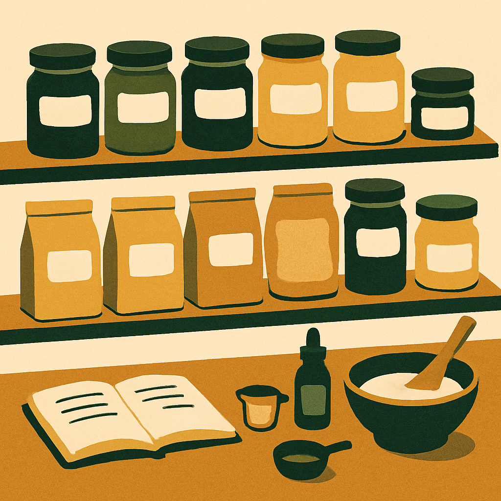 Organized raw materials shelf in a home cosmetics studio with labeled jars and bags, each showing a supplier sticker, warm ambient light