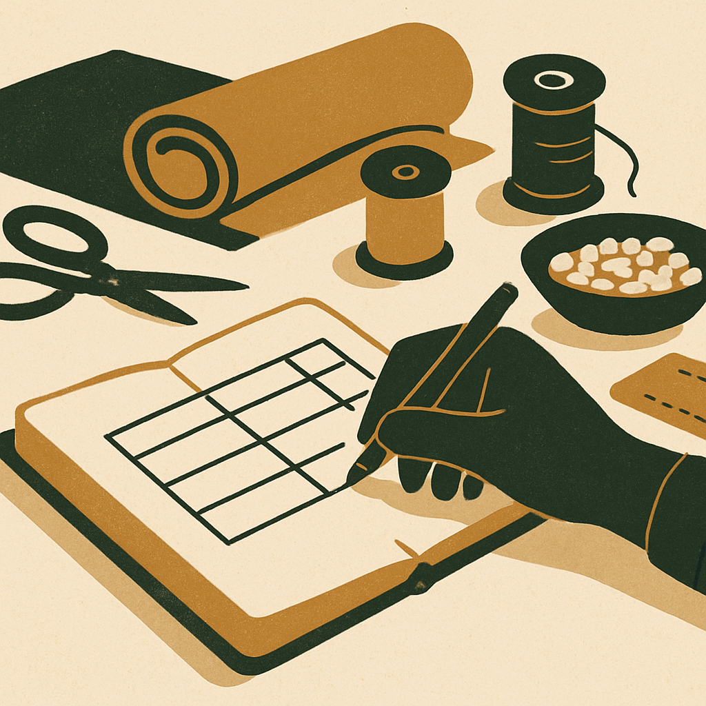 Handmade seller tracking production costs in a spreadsheet notebook surrounded by fabric, thread, and scissors