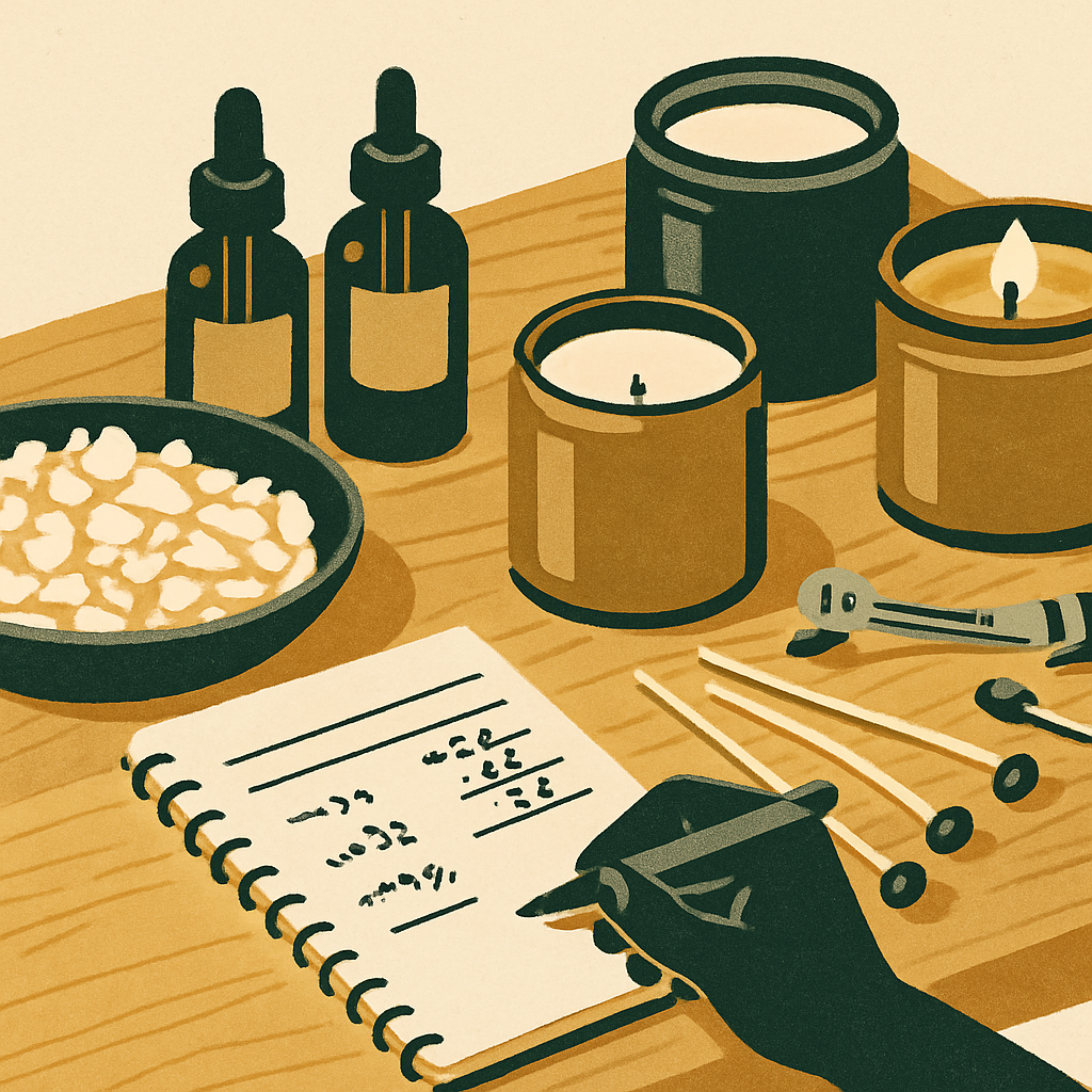 Handmade candle maker's workspace with wax, essential oils, and a notebook showing cost calculations