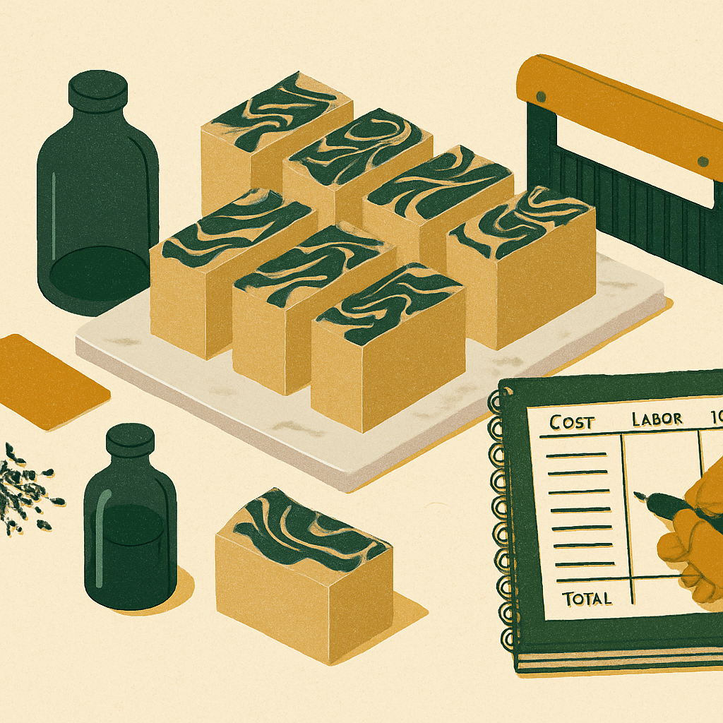 Overhead view of 10 freshly cut cold process lavender soap bars arranged in two rows on a white marble surface, with a small kraft paper label beside them and a pen resting on a notebook showing a pricing worksheet with columns for ingredients, labor, and total cost per bar.
