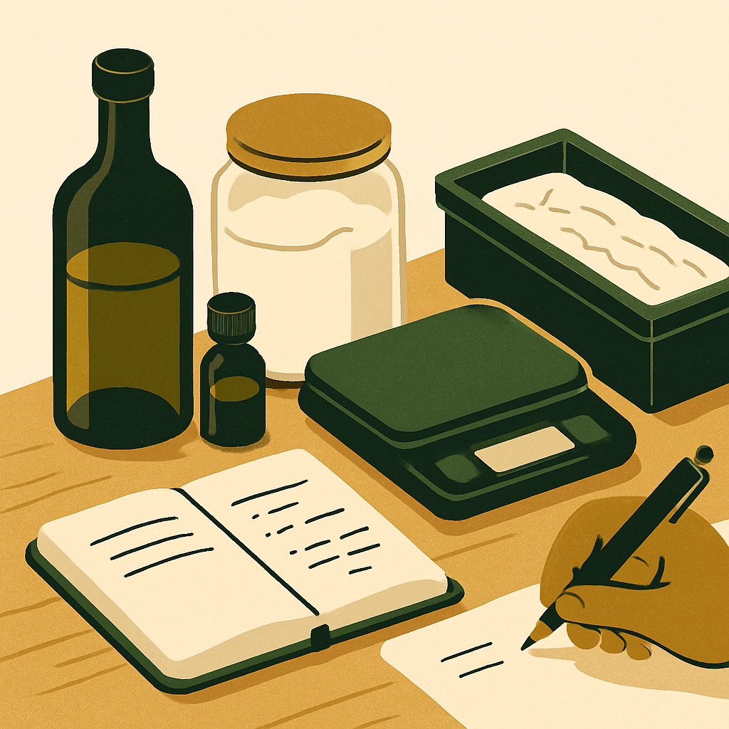 Flat lay of cold process soap making ingredients on a wooden workbench: olive oil bottle, coconut oil jar, small glass container of lavender essential oil, a digital kitchen scale, a soap loaf mold, and a notebook with handwritten cost calculations. Warm natural lighting, clean and minimal composition.