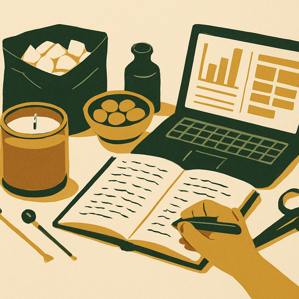 A flat-lay photo of a small-batch candle maker's worktable showing raw materials, a handwritten recipe notebook, and a laptop displaying an inventory dashboard, warm natural light, clean and uncluttered