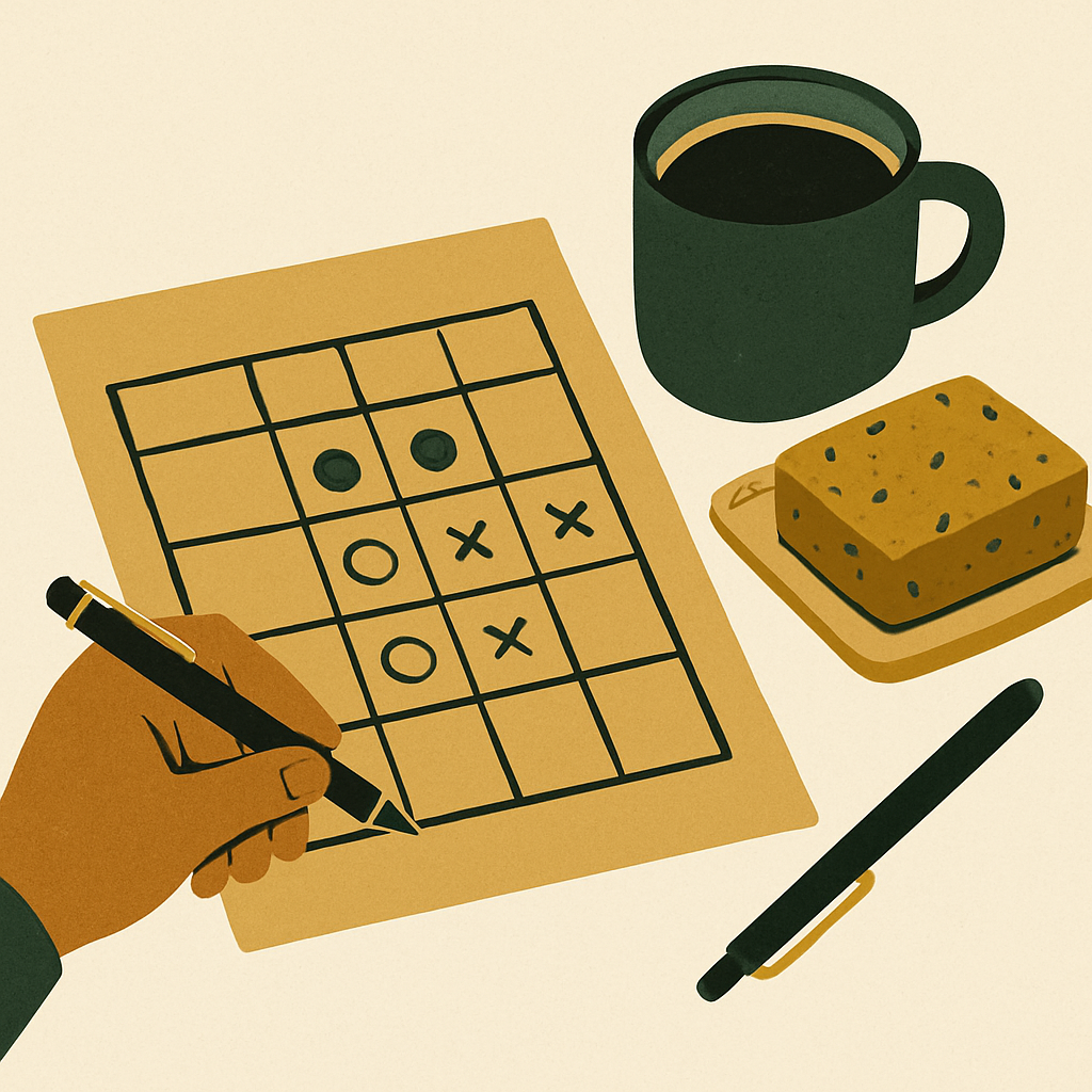 An overhead view of a comparison chart or decision table printed on kraft paper next to a cup of coffee, a handmade soap bar, and a pen, minimal studio setting
